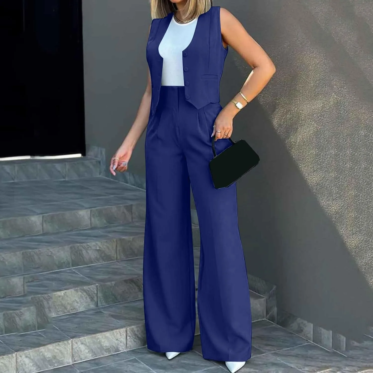 Women's 2 Piece Blazer Sets Outfits Sleeveless Suit Vest Cropped Tops and Wide Leg Pants Business Casual Pant Suits