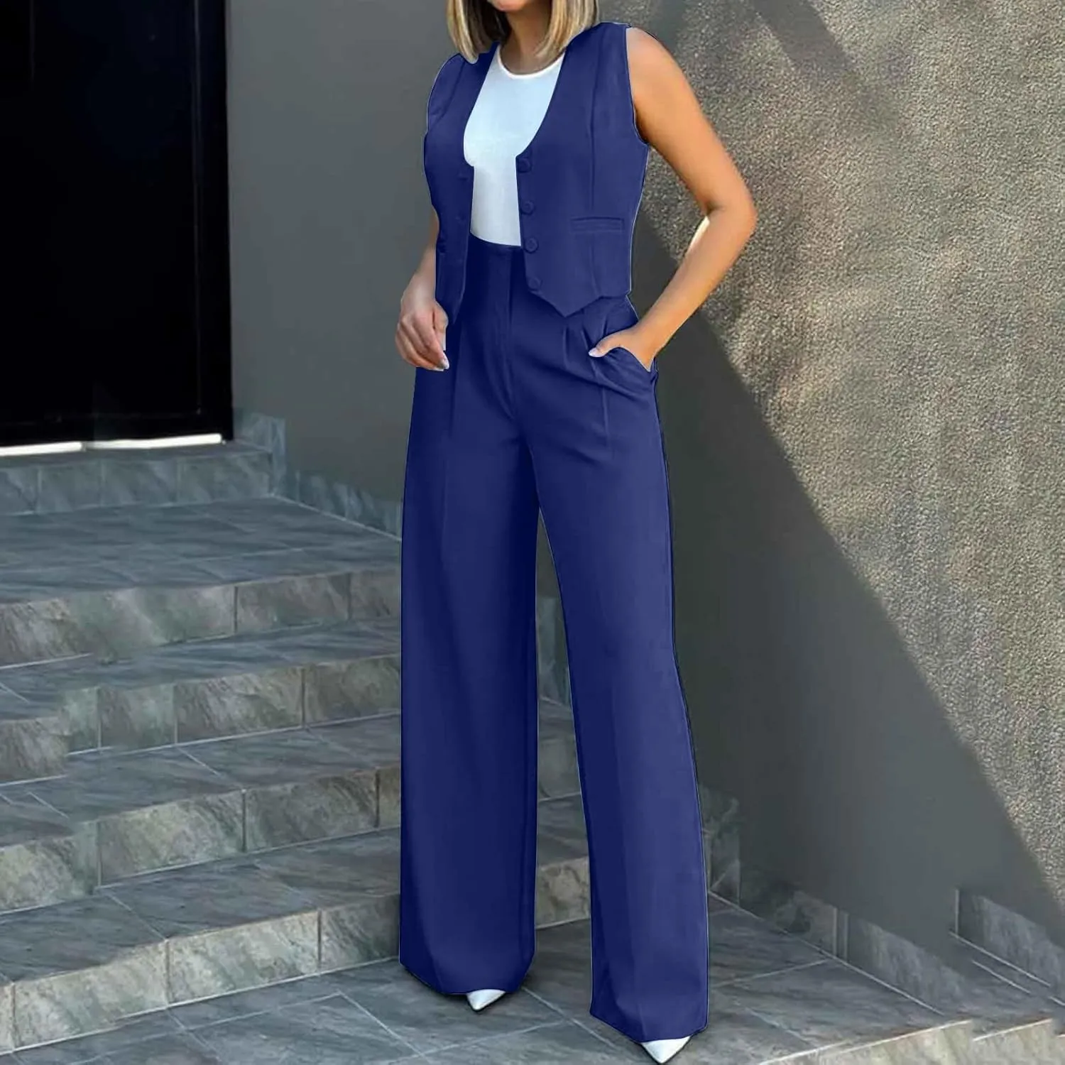 Women's 2 Piece Blazer Sets Outfits Sleeveless Suit Vest Cropped Tops and Wide Leg Pants Business Casual Pant Suits