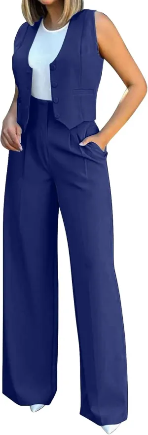 Women's 2 Piece Blazer Sets Outfits Sleeveless Suit Vest Cropped Tops and Wide Leg Pants Business Casual Pant Suits