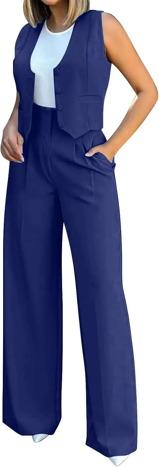 Women's 2 Piece Blazer Sets Outfits Sleeveless Suit Vest Cropped Tops and Wide Leg Pants Business Casual Pant Suits