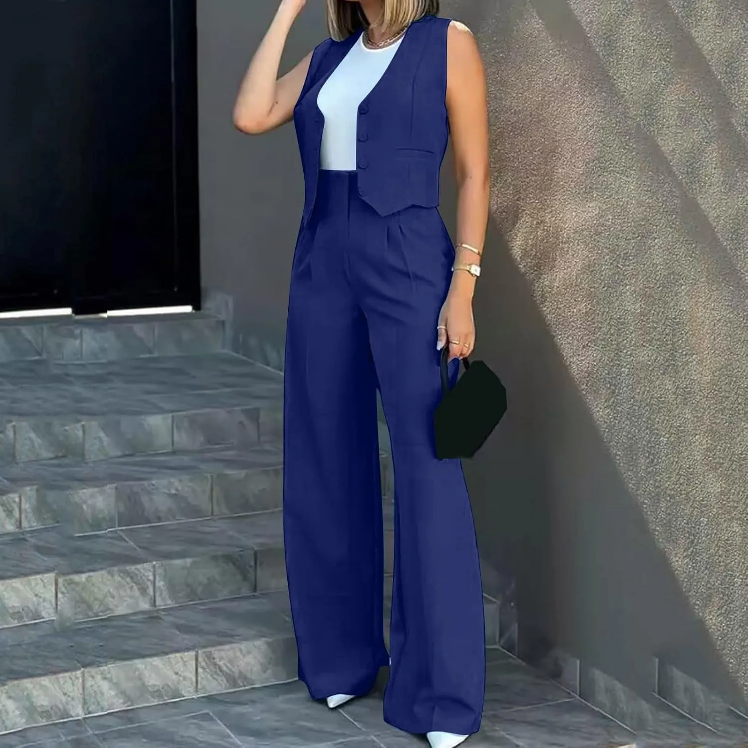 Women's 2 Piece Blazer Sets Outfits Sleeveless Suit Vest Cropped Tops and Wide Leg Pants Business Casual Pant Suits