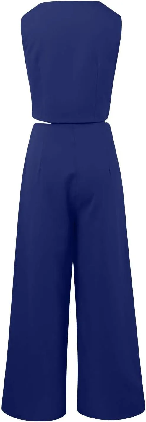 Women's 2 Piece Blazer Sets Outfits Sleeveless Suit Vest Cropped Tops and Wide Leg Pants Business Casual Pant Suits