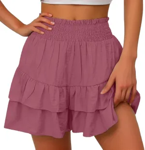 Women's 2025 Bohemian Stretch Waist Solid Pleated Flared Ruffle Mini Skater Skirt, S-2XL