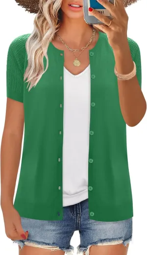 Women's 2025 Short Sleeve Cardigan Button Up Hollowed Out Crewneck Shrug Sweaters Knit Sweater Tops Lightweight