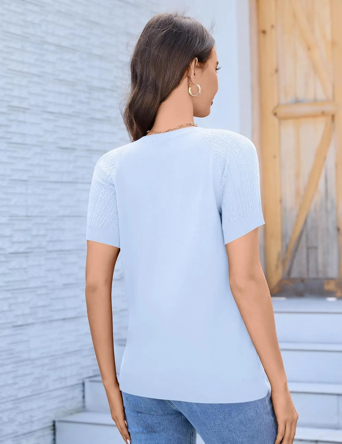 Women's 2025 Short Sleeve Cardigan Button Up Hollowed Out Crewneck Shrug Sweaters Knit Sweater Tops Lightweight
