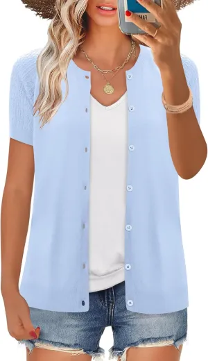 Women's 2025 Short Sleeve Cardigan Button Up Hollowed Out Crewneck Shrug Sweaters Knit Sweater Tops Lightweight