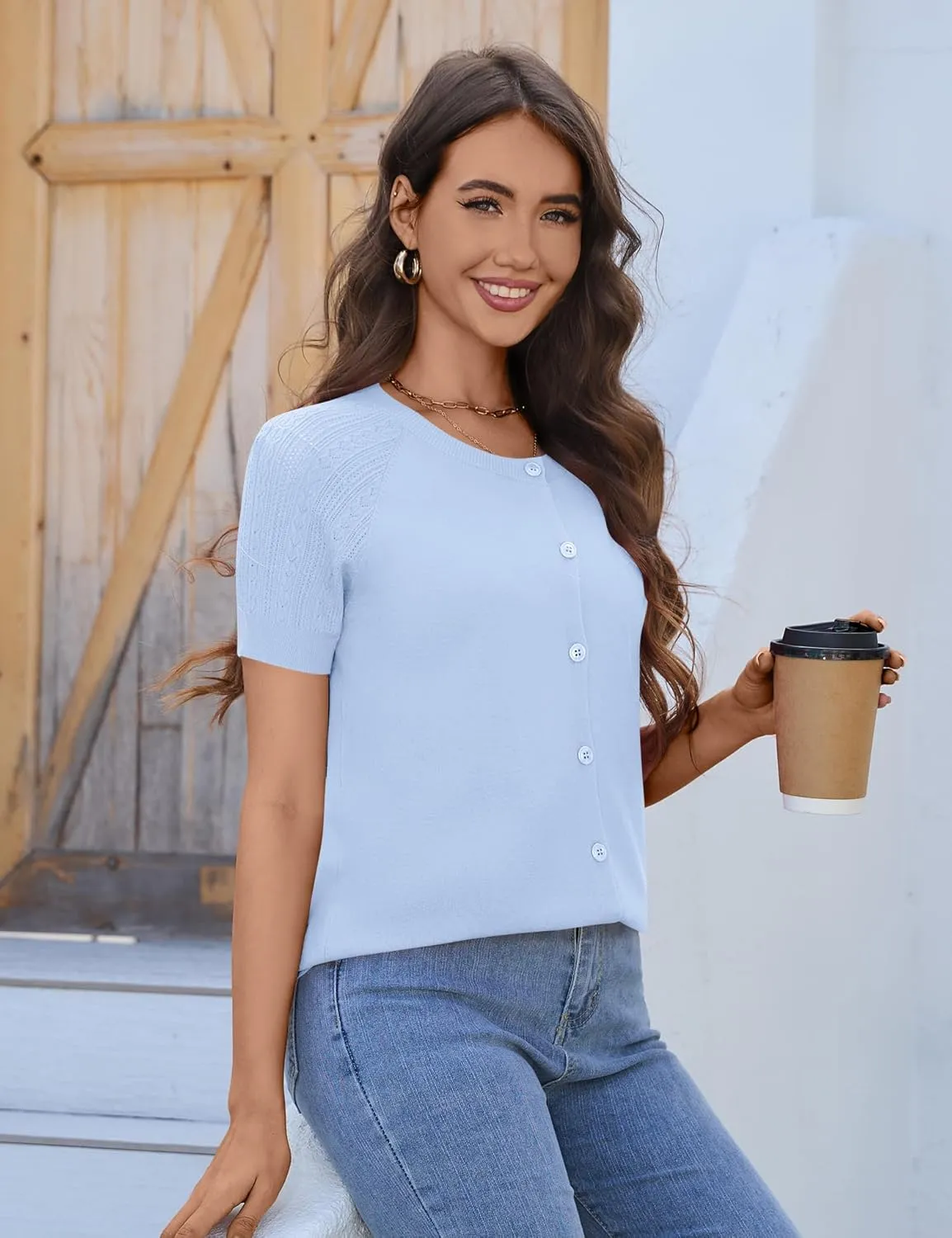 Women's 2025 Short Sleeve Cardigan Button Up Hollowed Out Crewneck Shrug Sweaters Knit Sweater Tops Lightweight