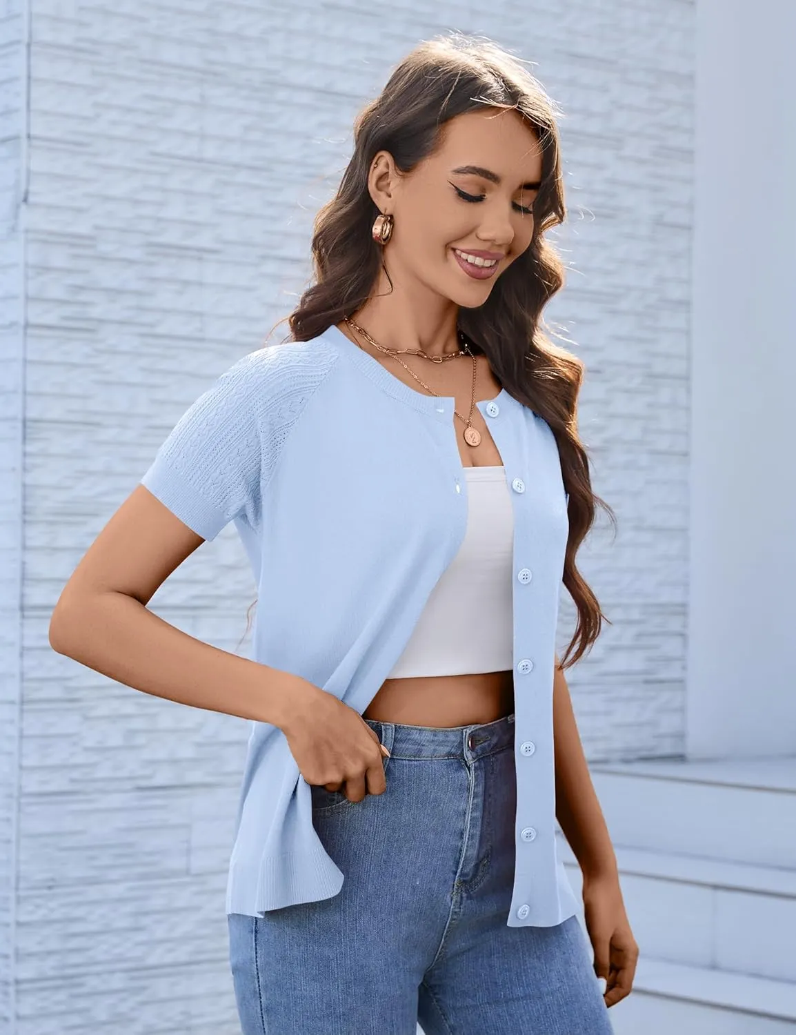 Women's 2025 Short Sleeve Cardigan Button Up Hollowed Out Crewneck Shrug Sweaters Knit Sweater Tops Lightweight