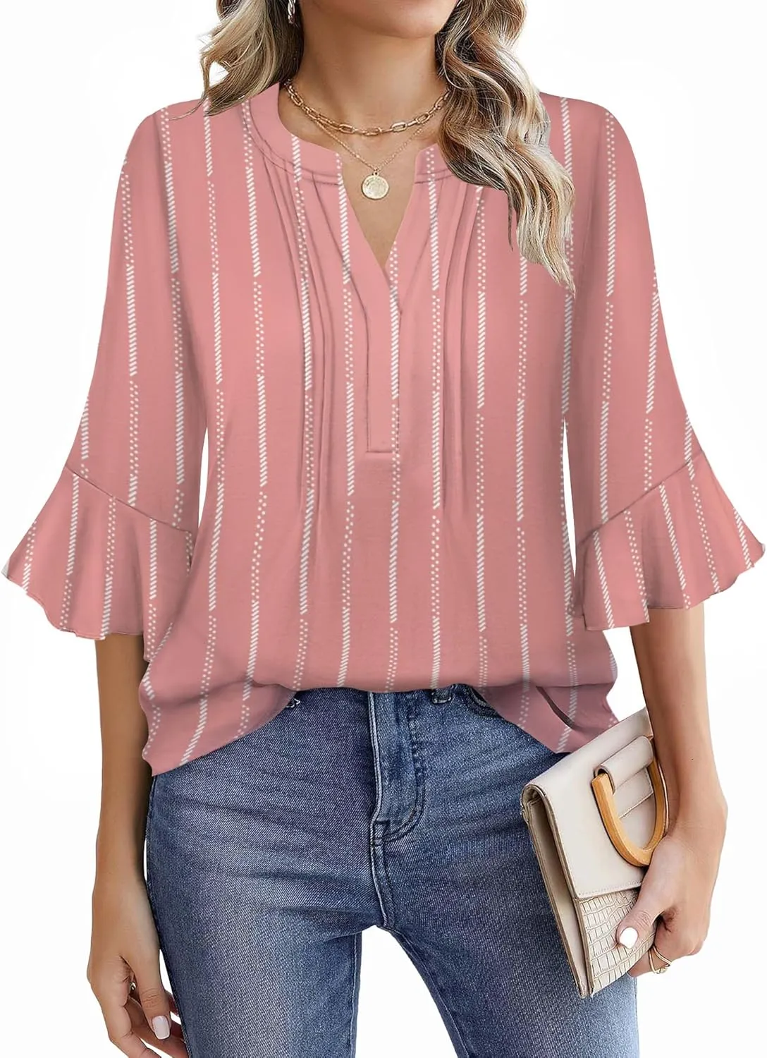 Womens 3/4 Sleeve Tops Shirts for Women Spring Fashion Clothes Trendy Summer Blouses S-XXL