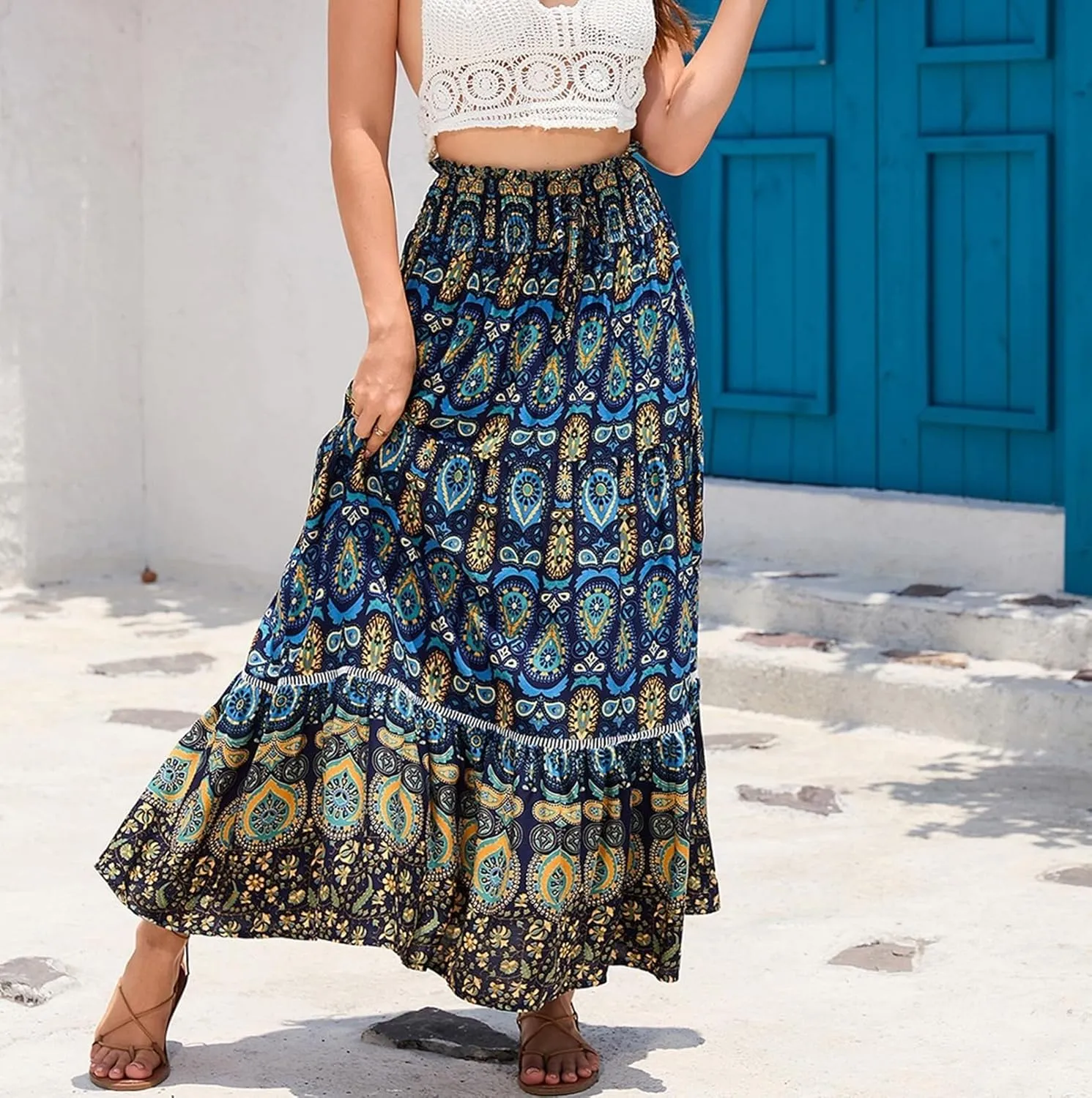 Women's Boho Elastic High Waist Print Pleated Ruffle Midi Skirt Casual Long Flowy A Line Skirts