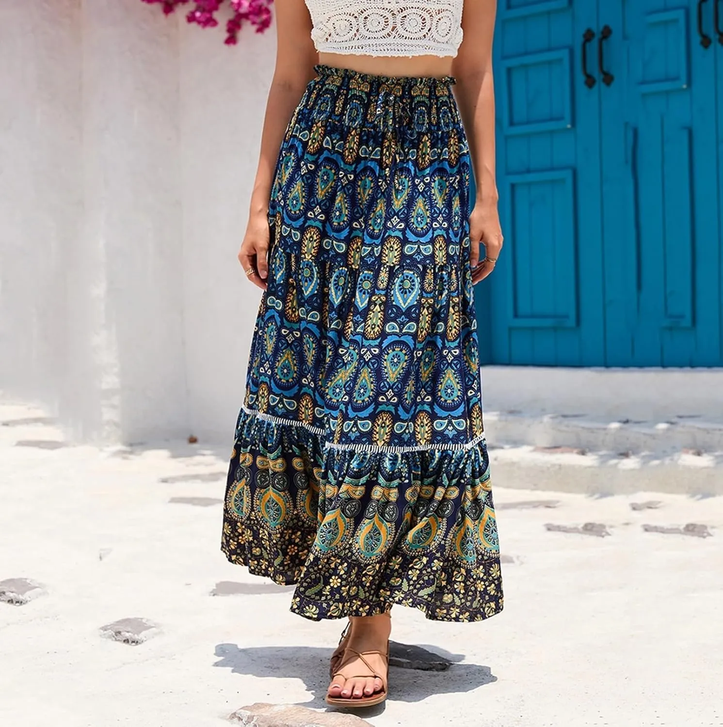 Women's Boho Elastic High Waist Print Pleated Ruffle Midi Skirt Casual Long Flowy A Line Skirts