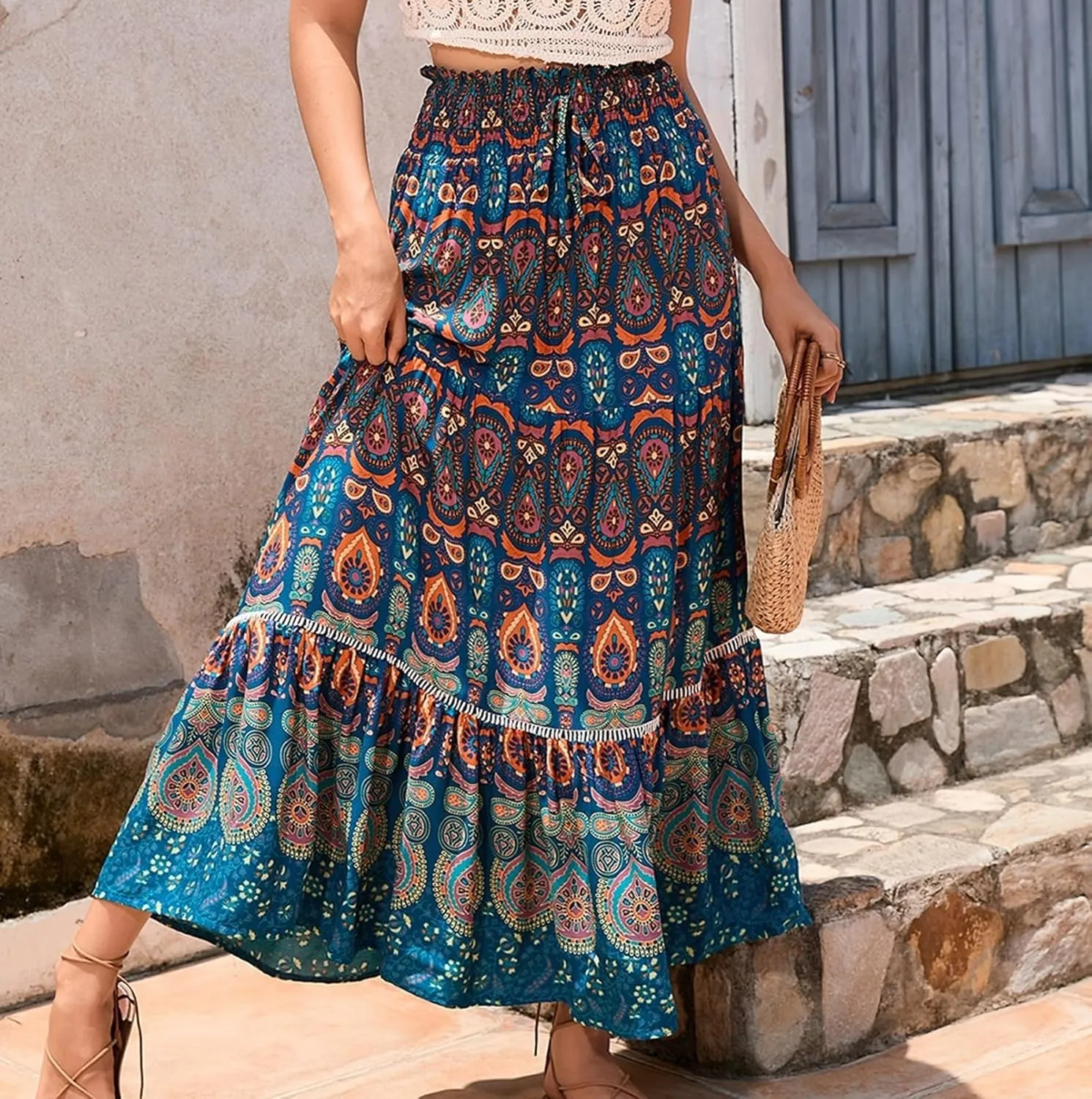 Women's Boho Elastic High Waist Print Pleated Ruffle Midi Skirt Casual Long Flowy A Line Skirts