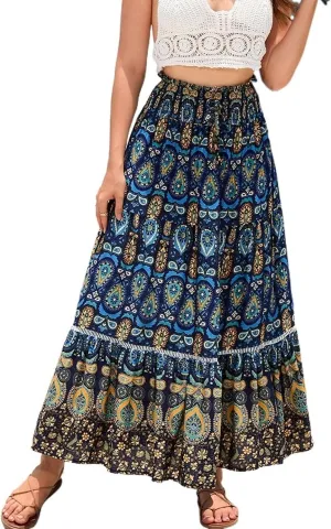 Women's Boho Elastic High Waist Print Pleated Ruffle Midi Skirt Casual Long Flowy A Line Skirts