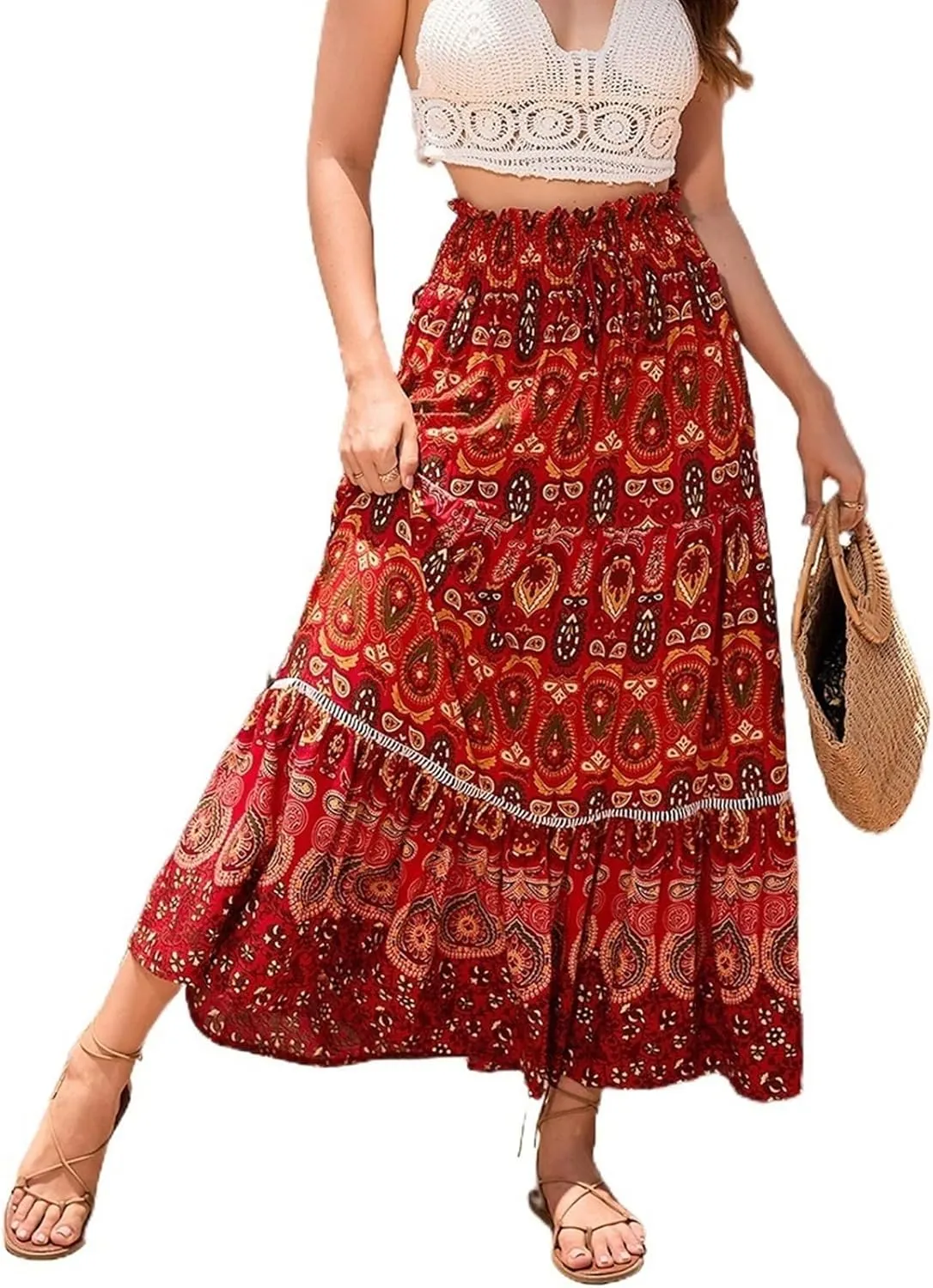 Women's Boho Elastic High Waist Print Pleated Ruffle Midi Skirt Casual Long Flowy A Line Skirts