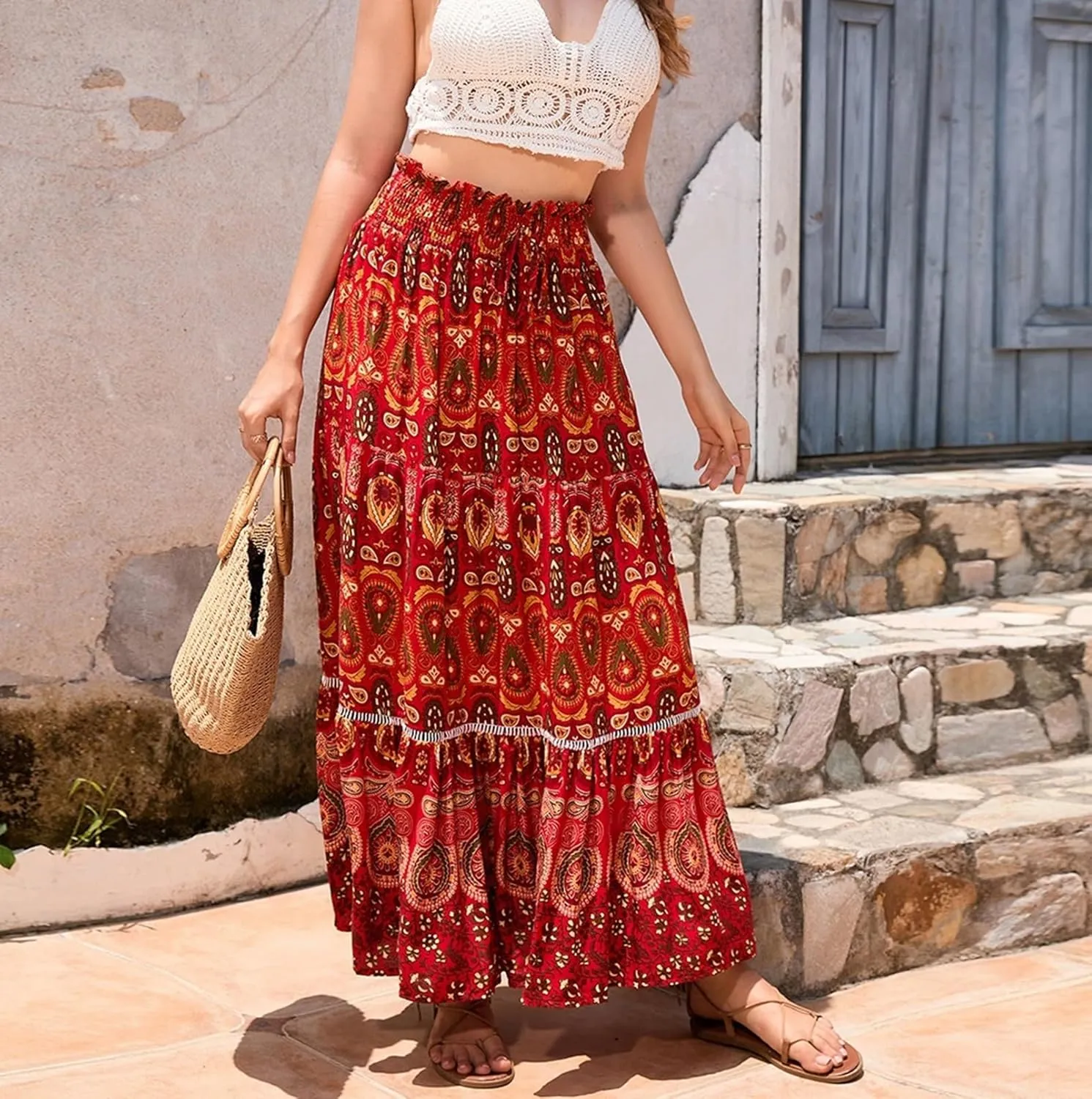 Women's Boho Elastic High Waist Print Pleated Ruffle Midi Skirt Casual Long Flowy A Line Skirts