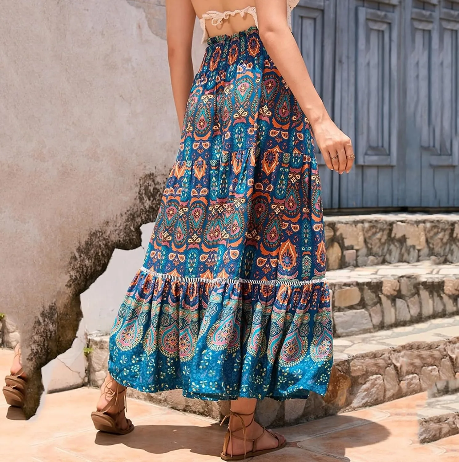 Women's Boho Elastic High Waist Print Pleated Ruffle Midi Skirt Casual Long Flowy A Line Skirts
