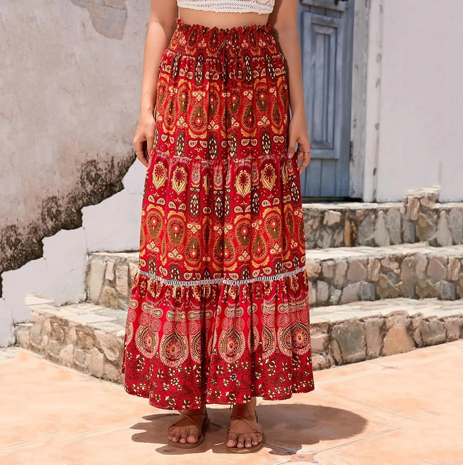 Women's Boho Elastic High Waist Print Pleated Ruffle Midi Skirt Casual Long Flowy A Line Skirts