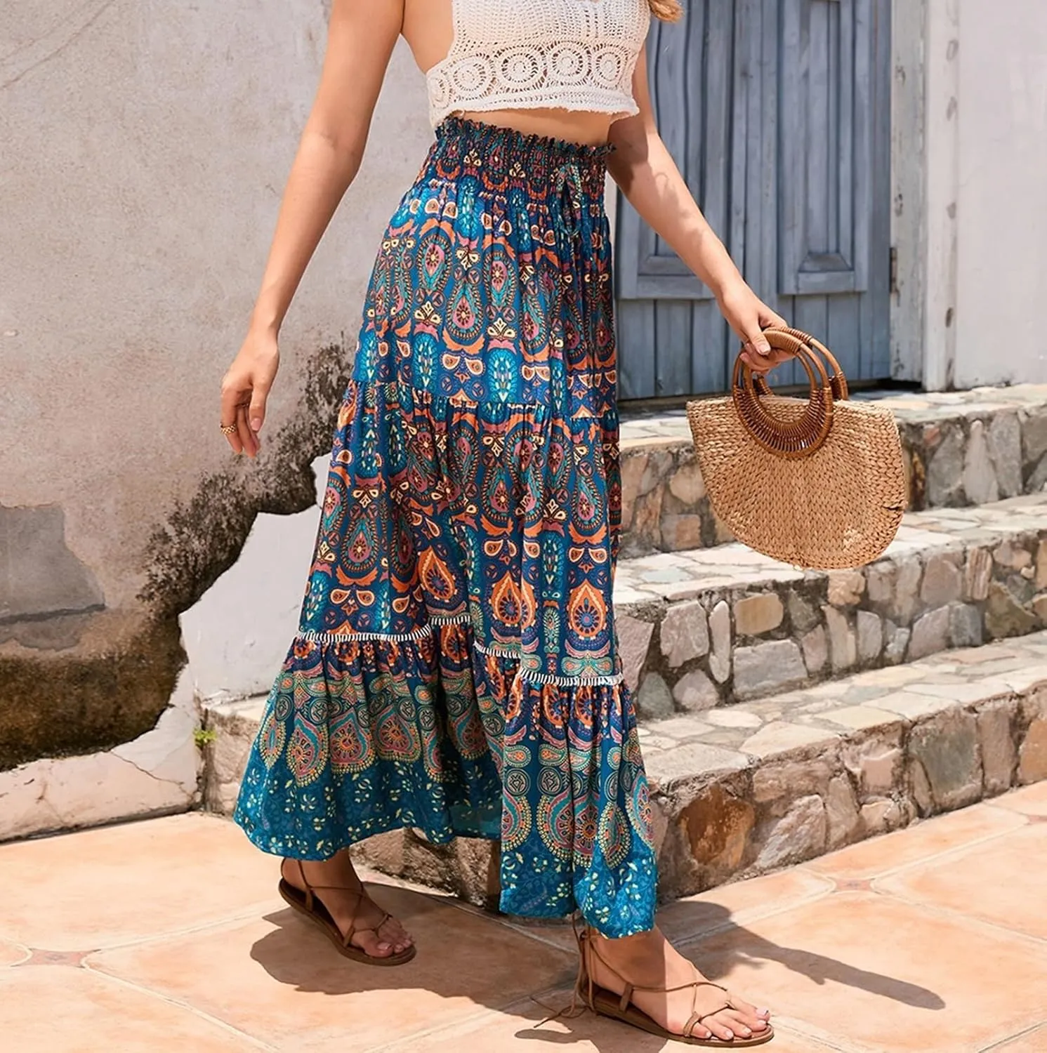 Women's Boho Elastic High Waist Print Pleated Ruffle Midi Skirt Casual Long Flowy A Line Skirts