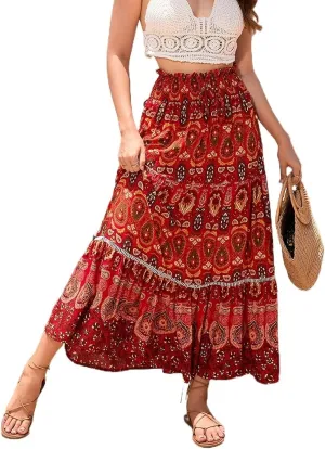Women's Boho Elastic High Waist Print Pleated Ruffle Midi Skirt Casual Long Flowy A Line Skirts