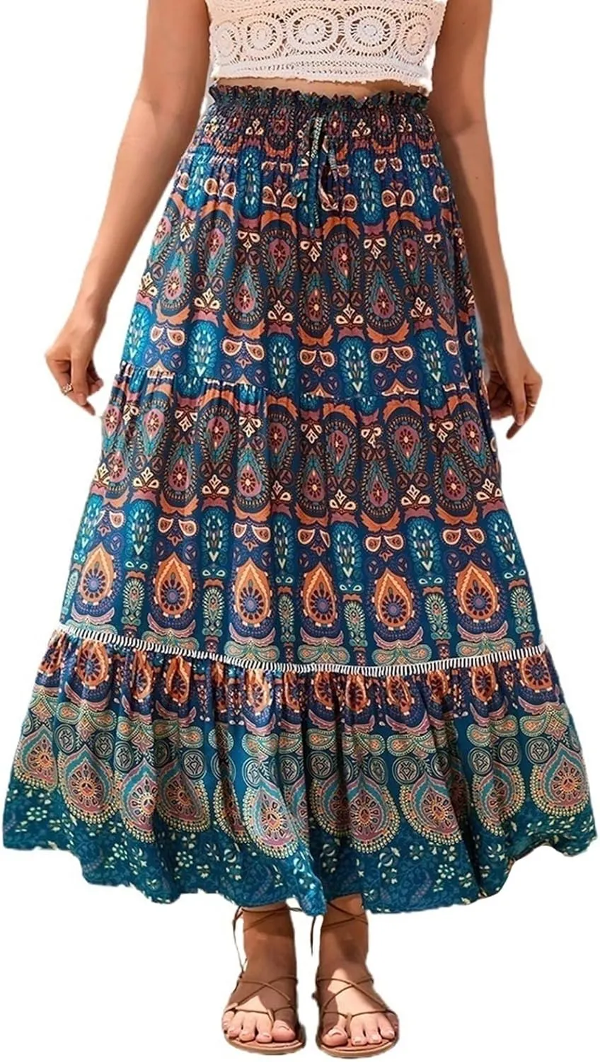 Women's Boho Elastic High Waist Print Pleated Ruffle Midi Skirt Casual Long Flowy A Line Skirts