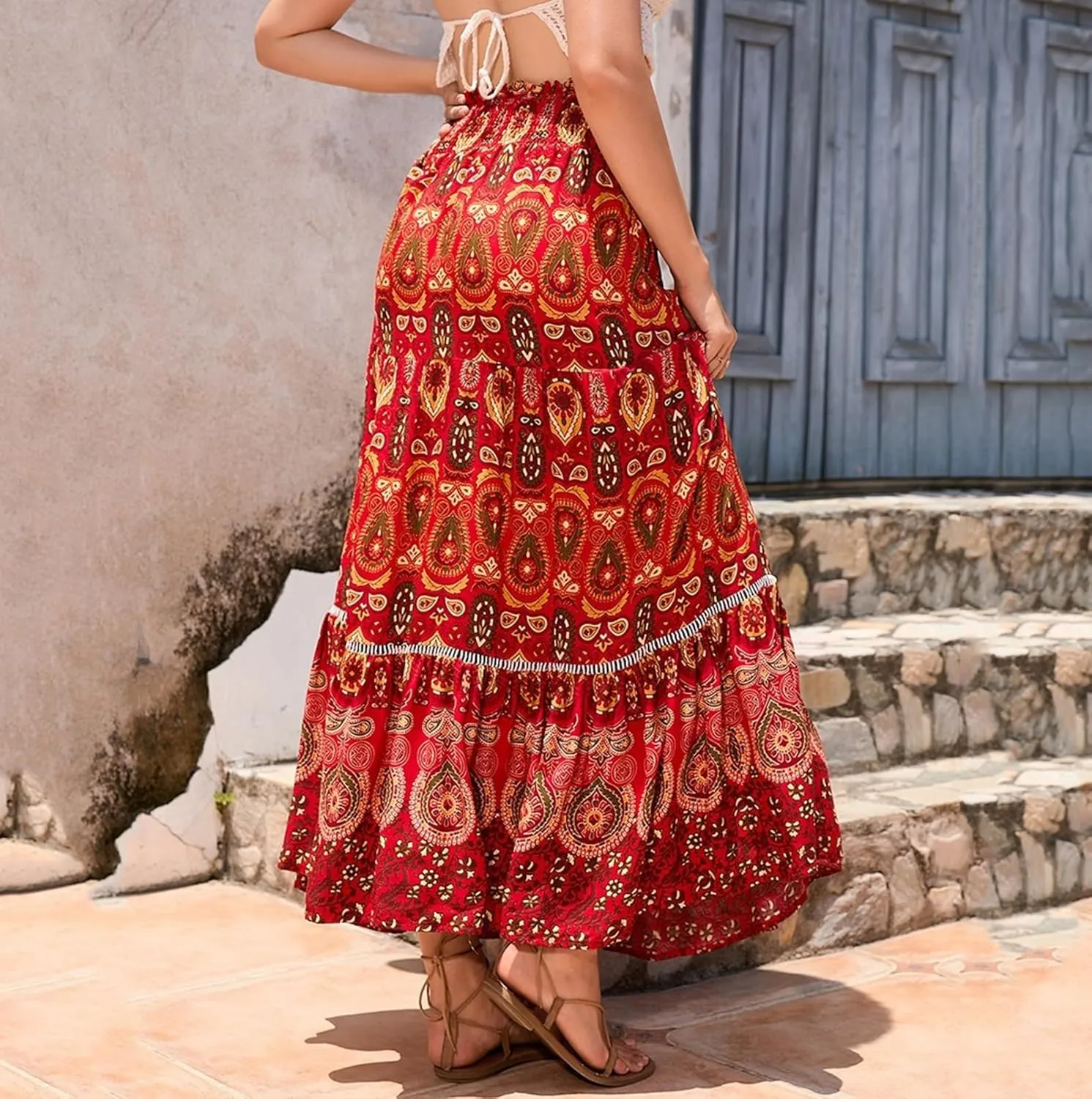 Women's Boho Elastic High Waist Print Pleated Ruffle Midi Skirt Casual Long Flowy A Line Skirts