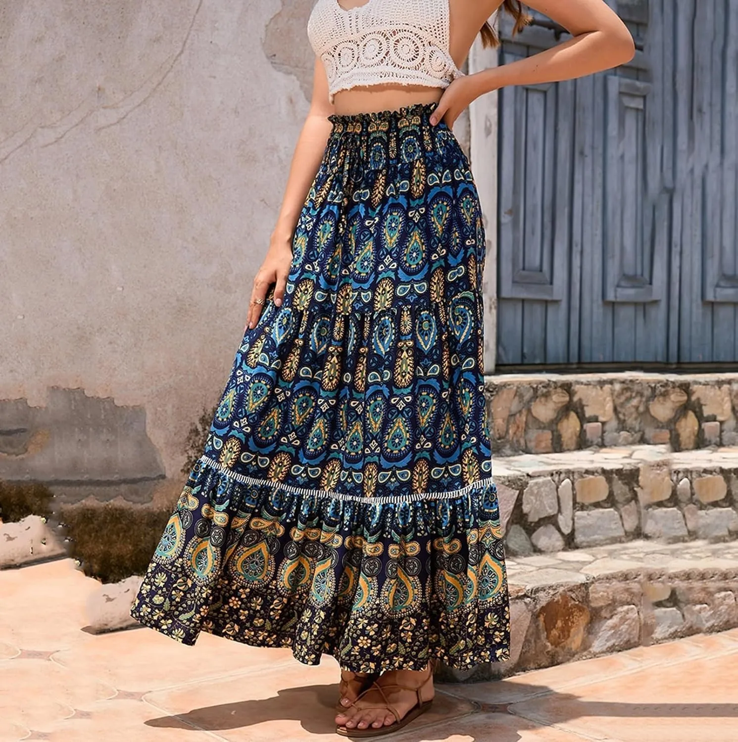 Women's Boho Elastic High Waist Print Pleated Ruffle Midi Skirt Casual Long Flowy A Line Skirts