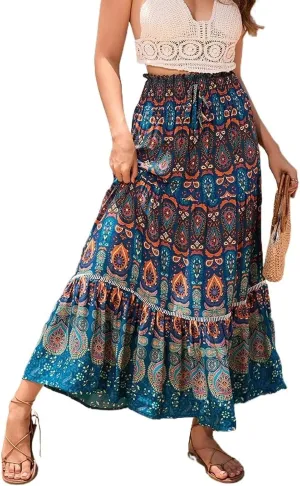 Women's Boho Elastic High Waist Print Pleated Ruffle Midi Skirt Casual Long Flowy A Line Skirts