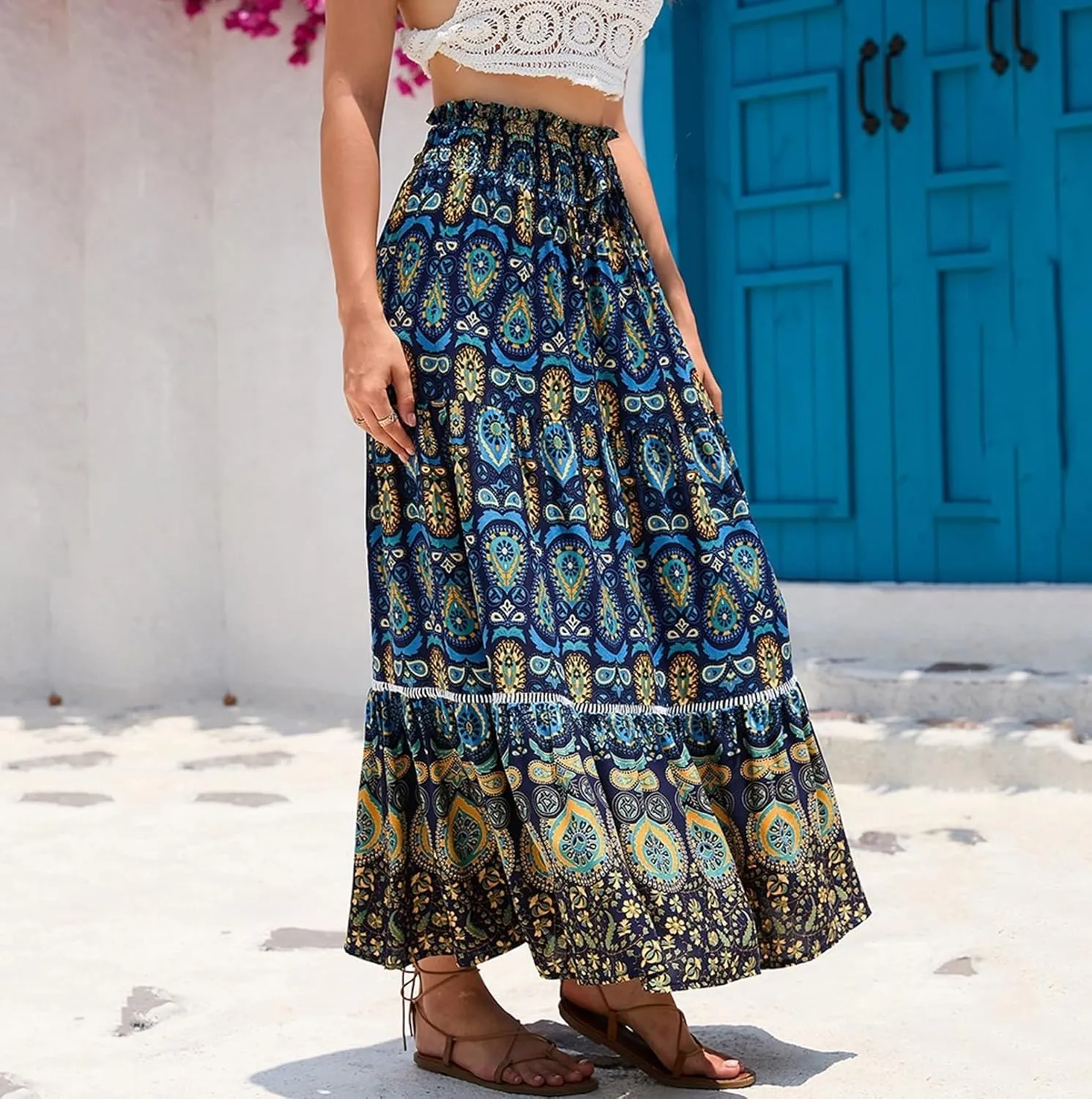 Women's Boho Elastic High Waist Print Pleated Ruffle Midi Skirt Casual Long Flowy A Line Skirts