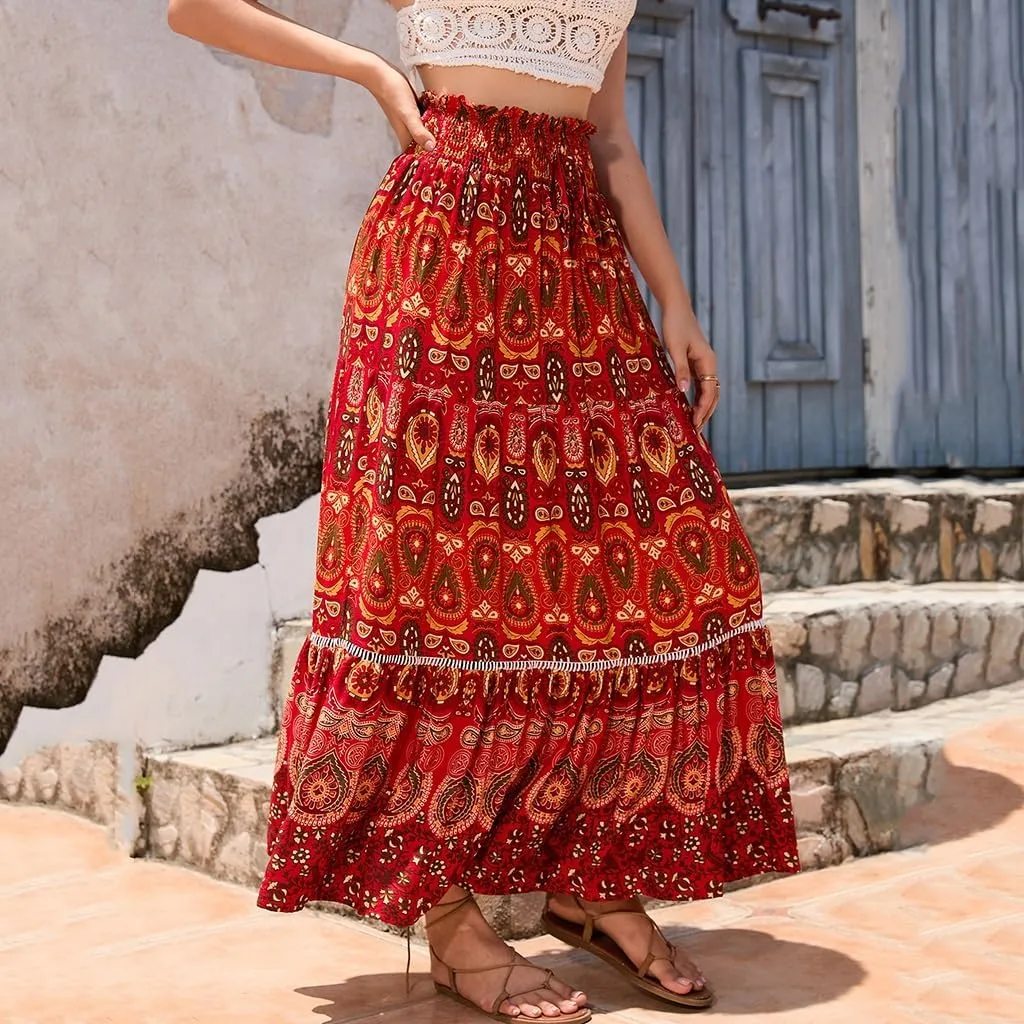 Women's Boho Elastic Waist Print Pleated Midi Skirt Ruffle High Waisted Casual Long Flowy a Line Skirts