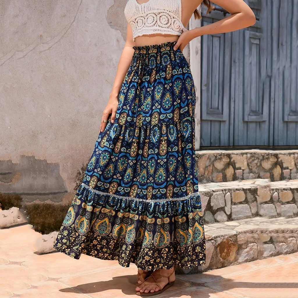 Women's Boho Elastic Waist Print Pleated Midi Skirt Ruffle High Waisted Casual Long Flowy a Line Skirts