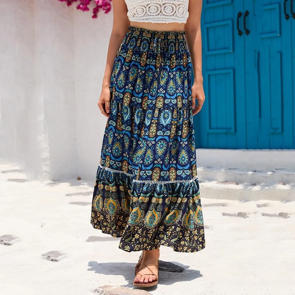 Women's Boho Elastic Waist Print Pleated Midi Skirt Ruffle High Waisted Casual Long Flowy a Line Skirts