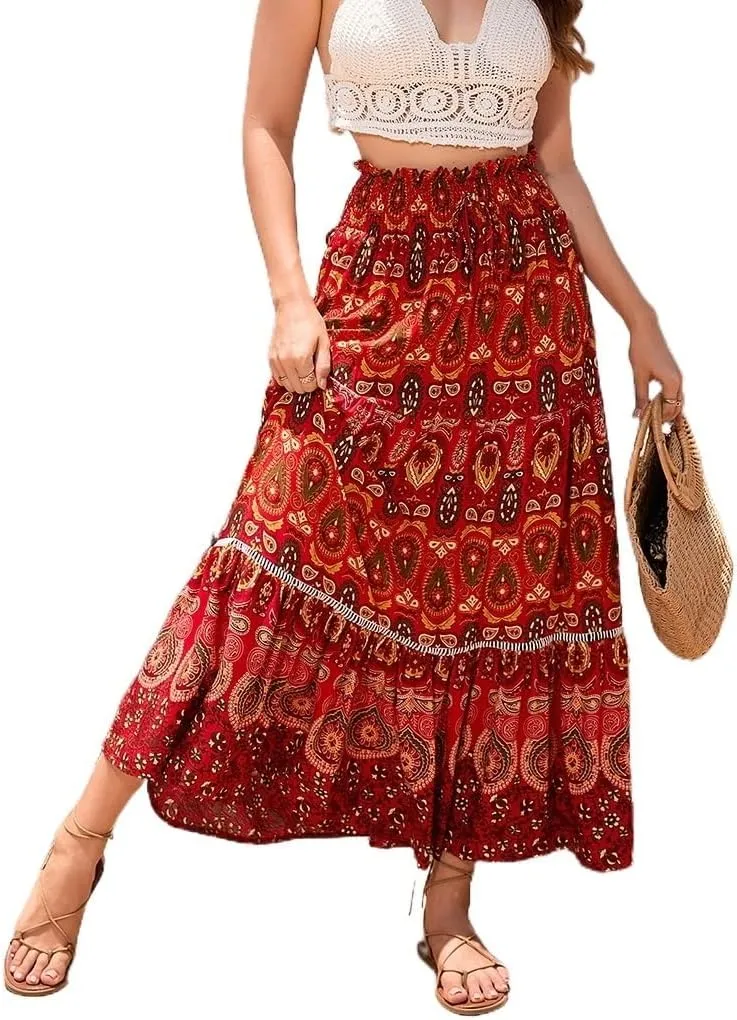 Women's Boho Elastic Waist Print Pleated Midi Skirt Ruffle High Waisted Casual Long Flowy a Line Skirts