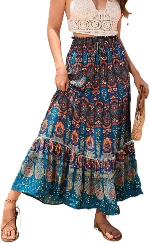 Women's Boho Elastic Waist Print Pleated Midi Skirt Ruffle High Waisted Casual Long Flowy a Line Skirts