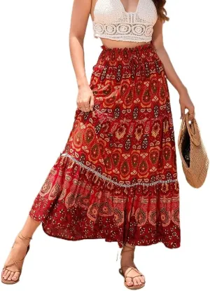Women's Boho Elastic Waist Print Pleated Midi Skirt Ruffle High Waisted Casual Long Flowy a Line Skirts