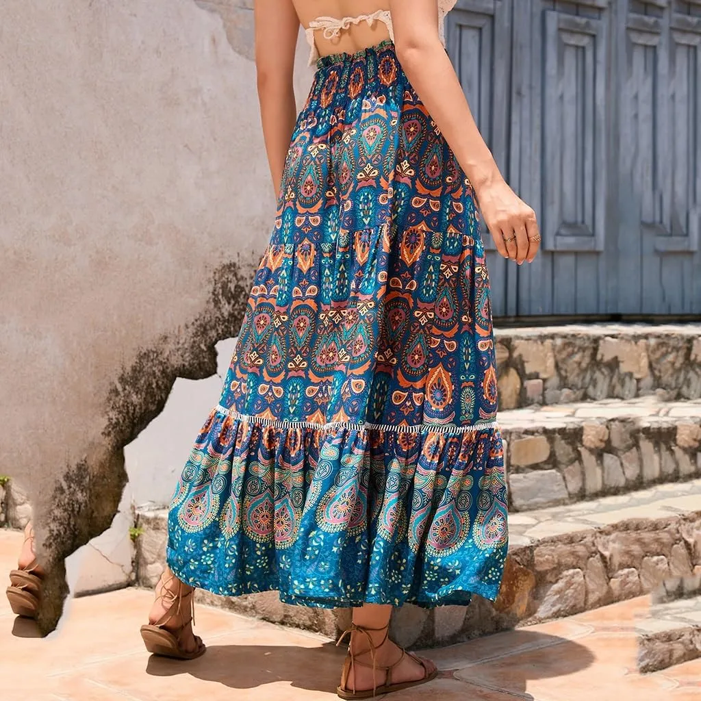 Women's Boho Elastic Waist Print Pleated Midi Skirt Ruffle High Waisted Casual Long Flowy a Line Skirts