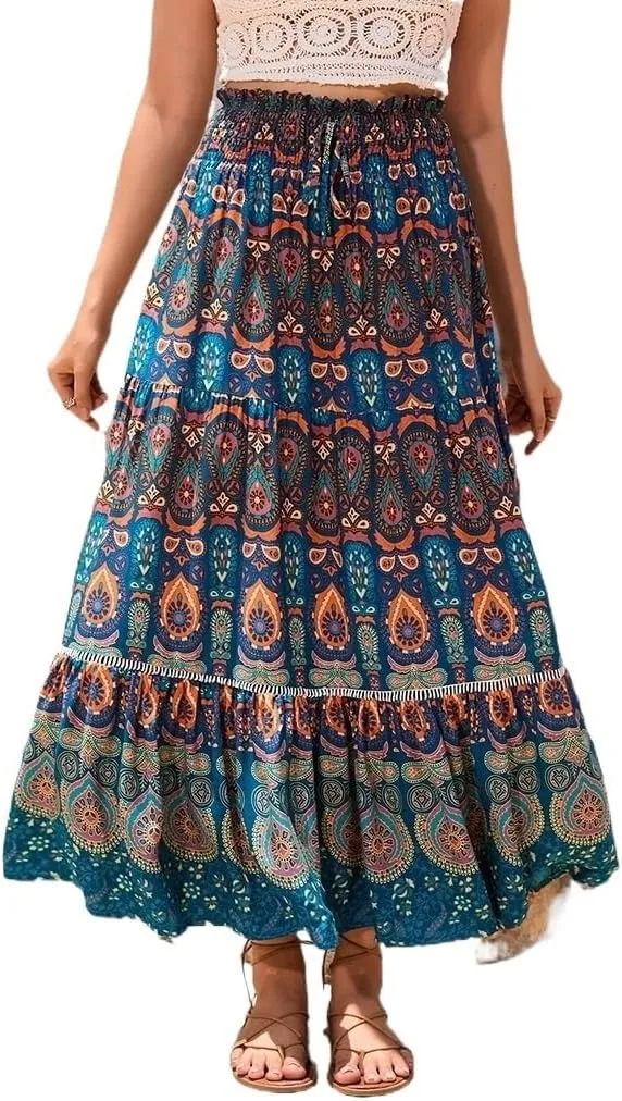 Women's Boho Elastic Waist Print Pleated Midi Skirt Ruffle High Waisted Casual Long Flowy a Line Skirts