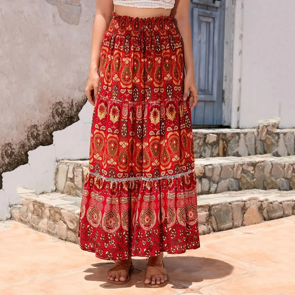 Women's Boho Elastic Waist Print Pleated Midi Skirt Ruffle High Waisted Casual Long Flowy a Line Skirts