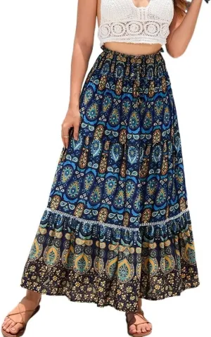 Women's Boho Elastic Waist Print Pleated Midi Skirt Ruffle High Waisted Casual Long Flowy a Line Skirts