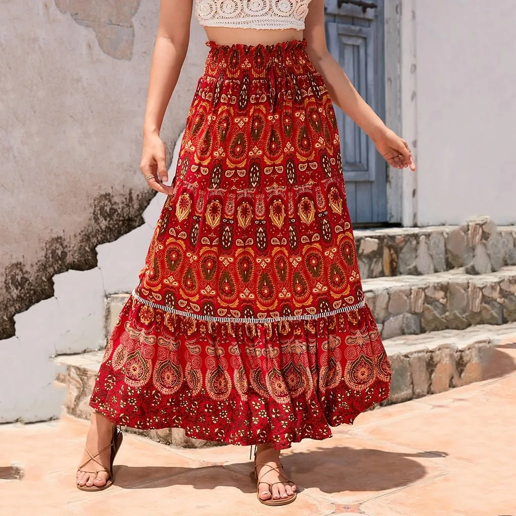 Women's Boho Elastic Waist Print Pleated Midi Skirt Ruffle High Waisted Casual Long Flowy a Line Skirts