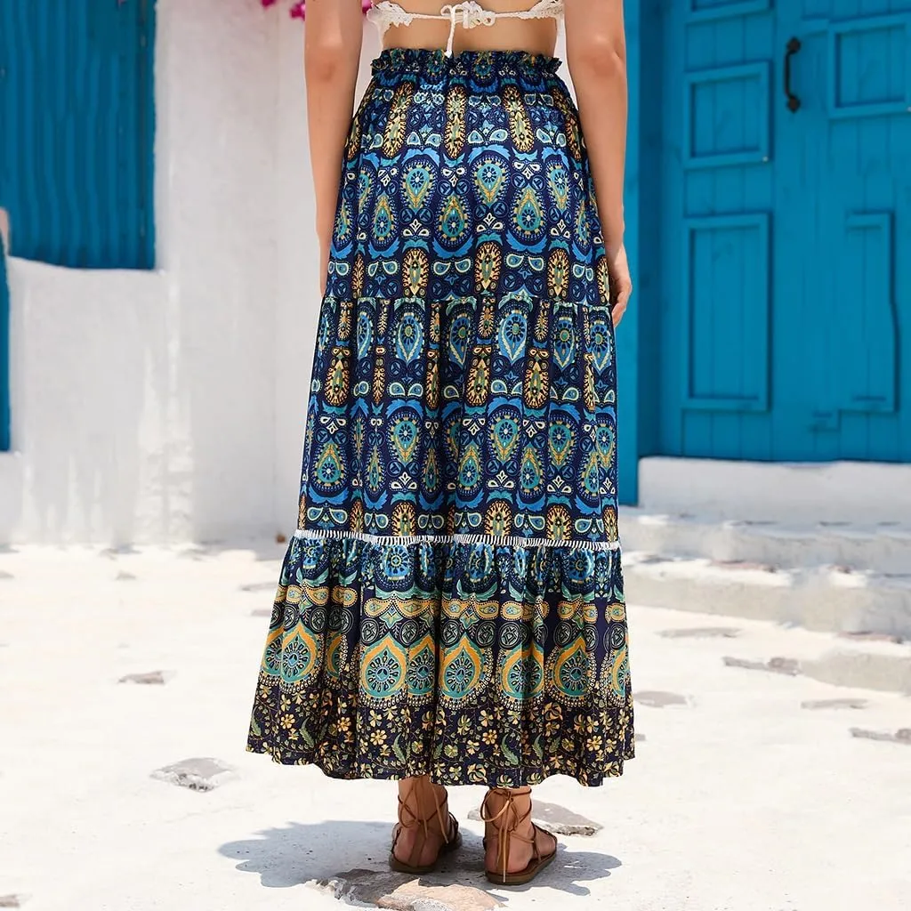 Women's Boho Elastic Waist Print Pleated Midi Skirt Ruffle High Waisted Casual Long Flowy a Line Skirts