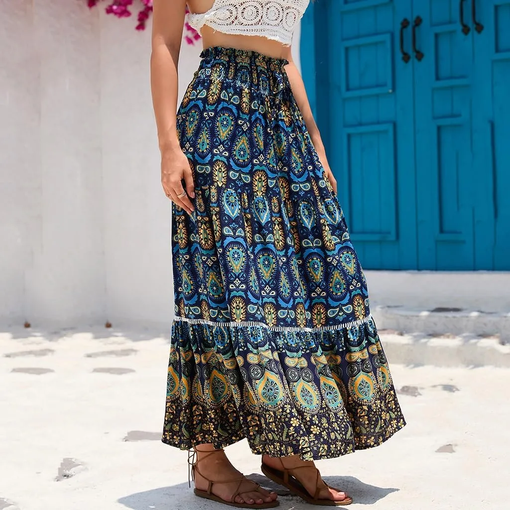 Women's Boho Elastic Waist Print Pleated Midi Skirt Ruffle High Waisted Casual Long Flowy a Line Skirts