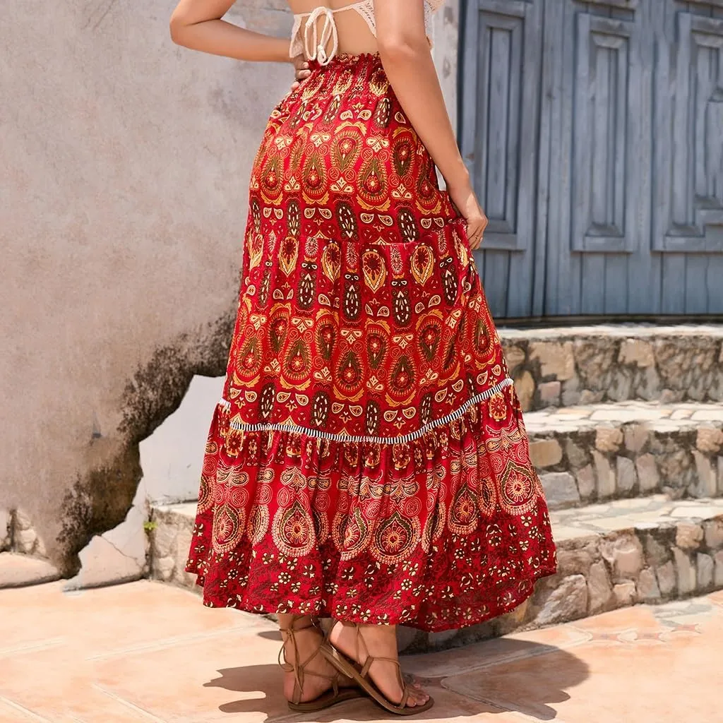 Women's Boho Elastic Waist Print Pleated Midi Skirt Ruffle High Waisted Casual Long Flowy a Line Skirts