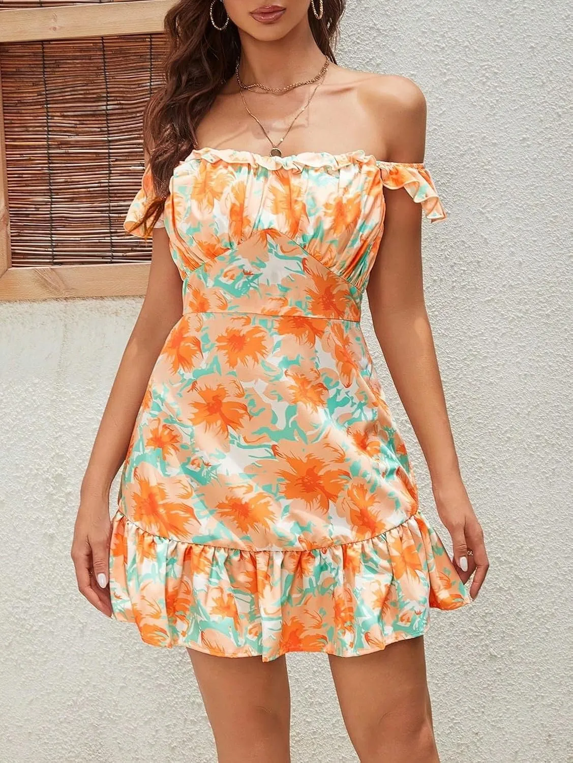 Women's Boho Floral Swing Mini Dress 2025 Summer Off Shoulder Pleated Bodycon Short Dresses