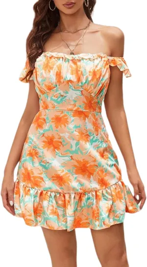 Women's Boho Floral Swing Mini Dress 2025 Summer Off Shoulder Pleated Bodycon Short Dresses