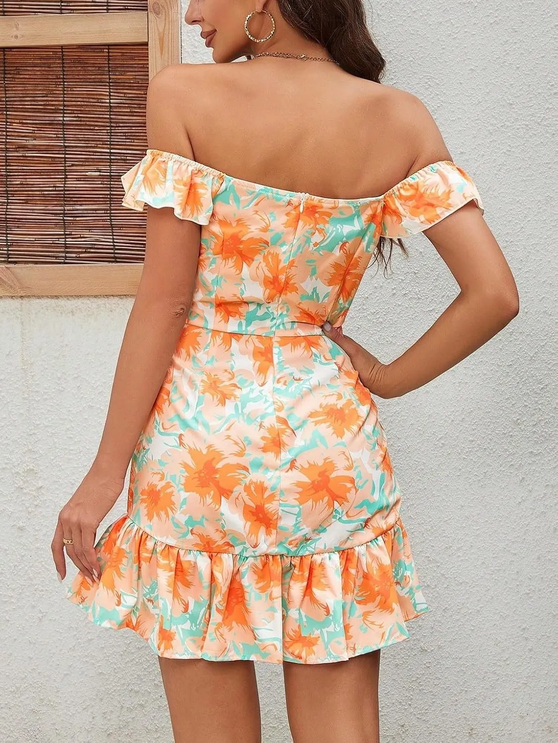 Women's Boho Floral Swing Mini Dress 2025 Summer Off Shoulder Pleated Bodycon Short Dresses