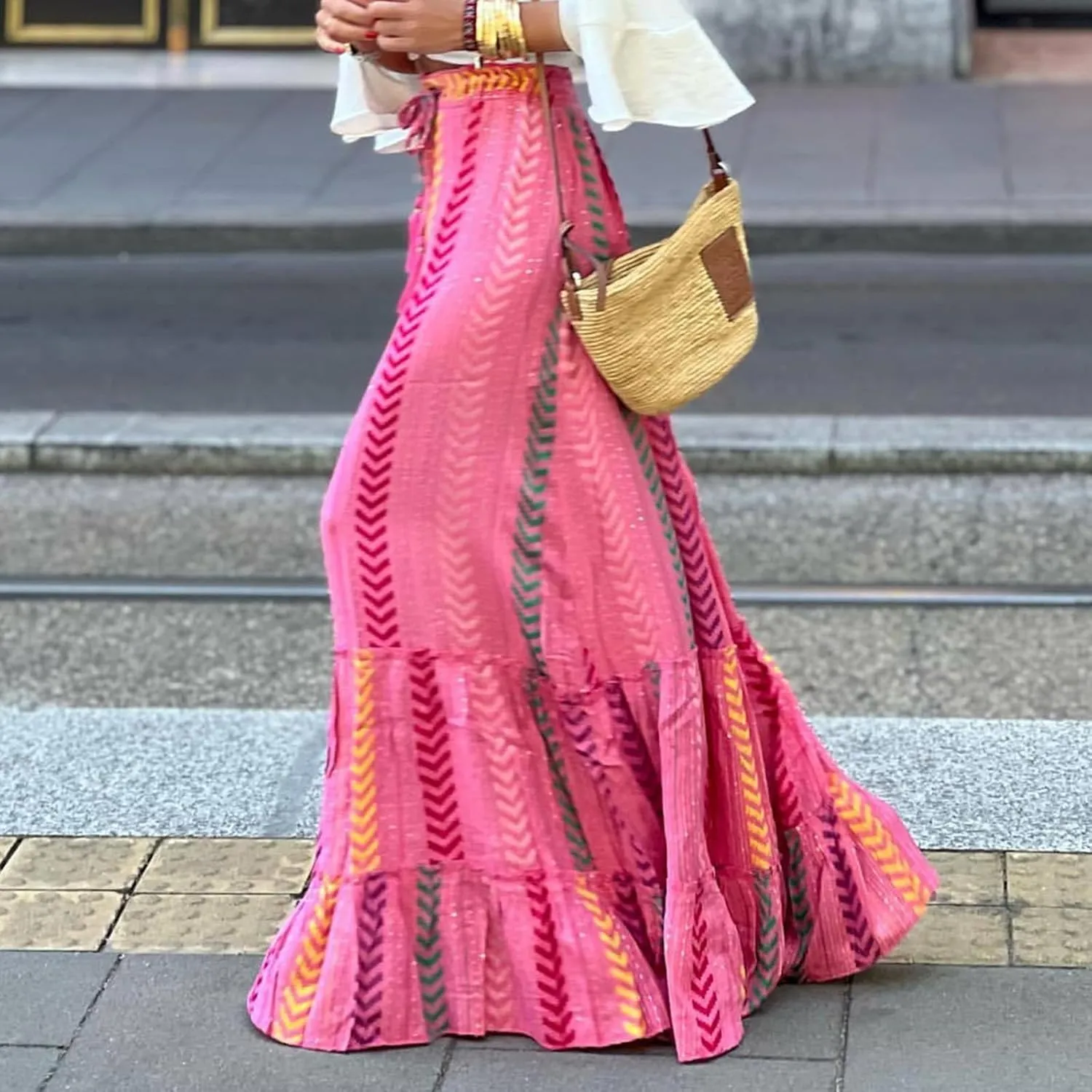 Womens Boho Ruffle Hem Long Skirts Flowy Drawstring Waist Maxi Skirts Tiered Summer Vacation Skirts for Women
