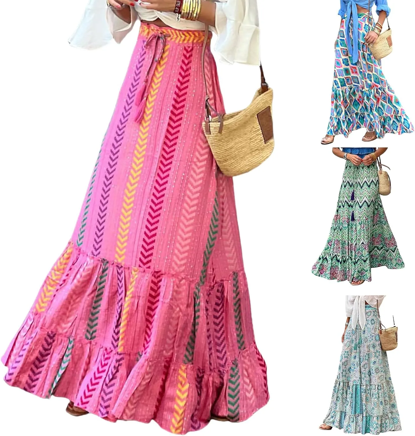 Womens Boho Ruffle Hem Long Skirts Flowy Drawstring Waist Maxi Skirts Tiered Summer Vacation Skirts for Women