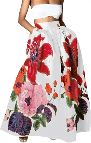 Women's Boho Skirt Summer Casual Loose Trendy Elastic High Waist Floral Print Bohemian Sun Beach Maxi Skirts 2025