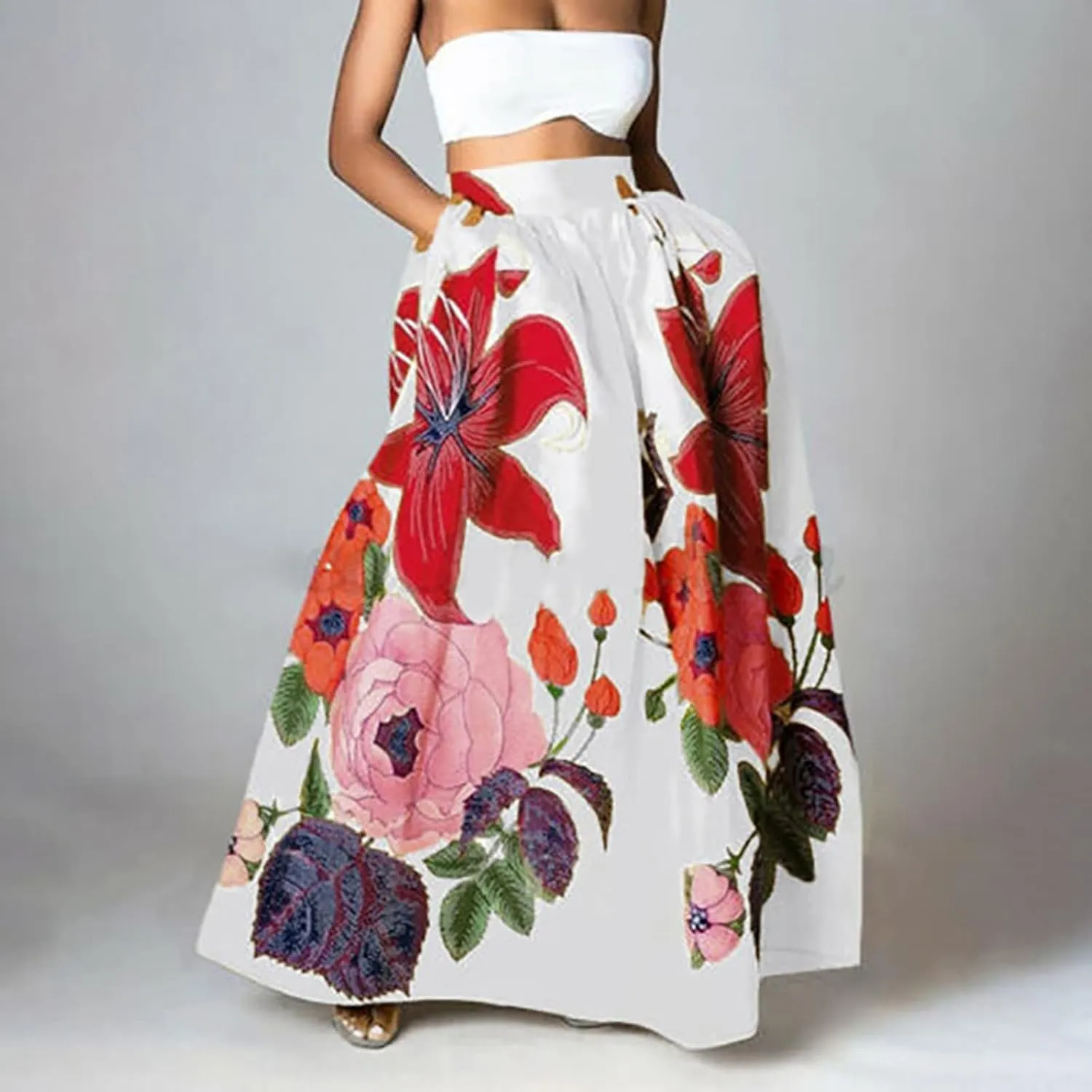 Women's Boho Skirt Summer Casual Loose Trendy Elastic High Waist Floral Print Bohemian Sun Beach Maxi Skirts 2025