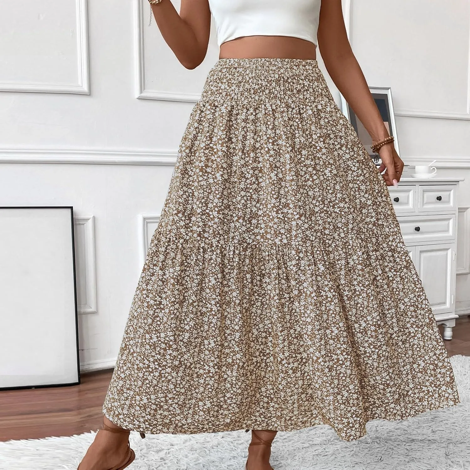 Women's Boho Skirts Summer Casual Loose Trendy Elastic Waist Floral Printed Bohemian Flowy A-Line Skirt 2025, S-XL